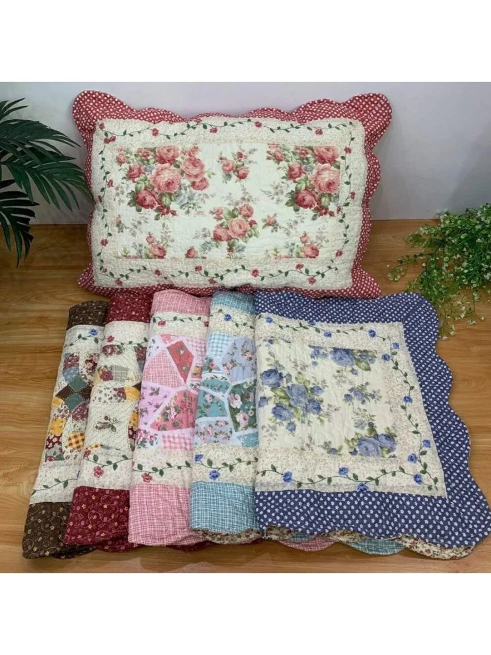 Boho Floral Quilted Pillow Shams Set - 2-Piece Cotton Patchwork, Standard Size